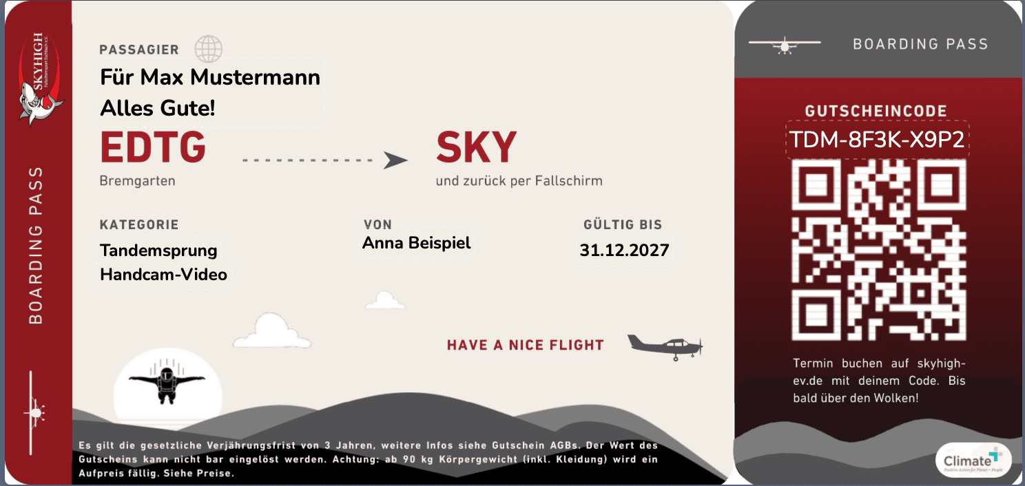 Beispiel eines Tandem-Gutscheins im Boarding-Pass-Design mit Widmung, Kategorie, Absender, Gültigkeit und Gutscheincode