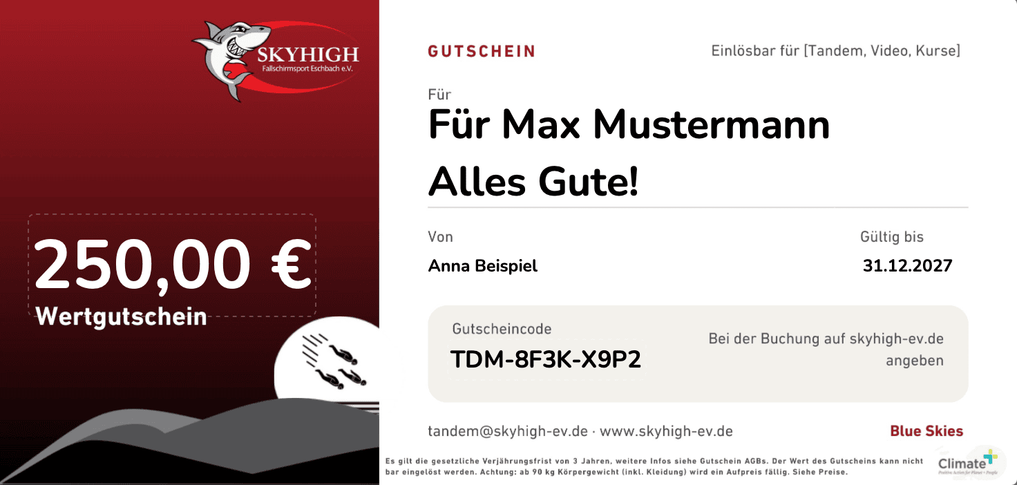 Beispiel eines Wertgutscheins über 250 Euro mit Widmung, Absender, Gültigkeit und Gutscheincode