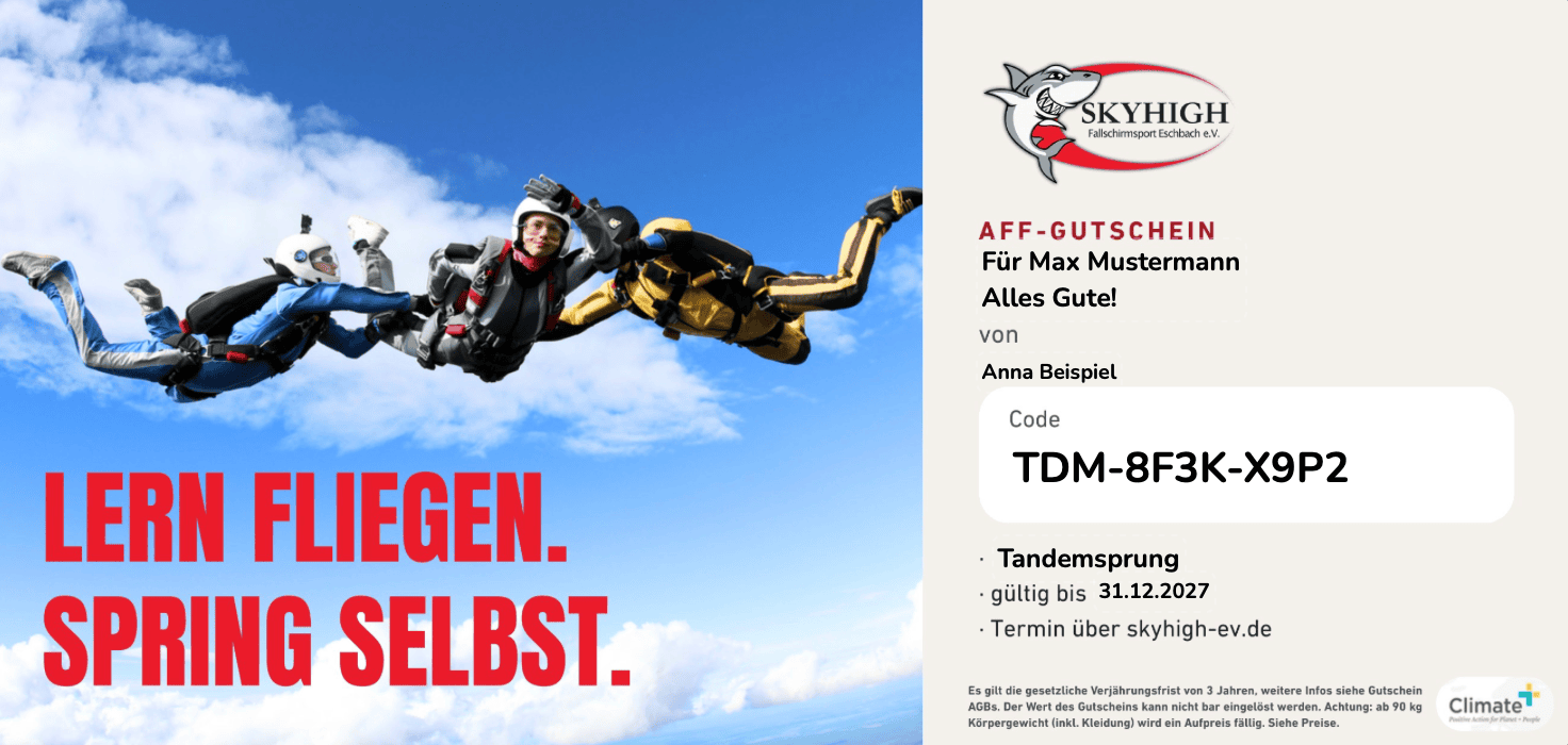 Beispiel eines AFF-Gutscheins mit Foto von Fallschirmspringern im Freifall, Widmung, Absender, Code und Gültigkeit